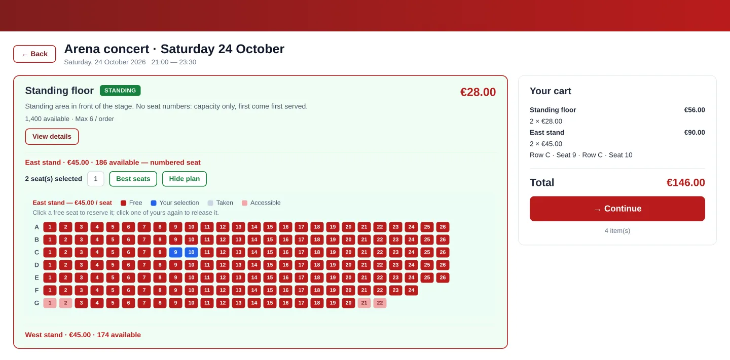 Arena store on QRACCESS: standing floor zone plus east stand with selectable numbered seats and the cart total