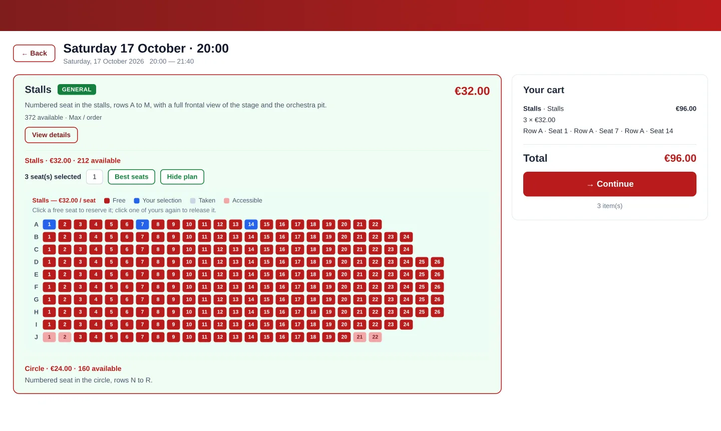 Theatre seat map on the QRACCESS public store: rows A to J, accessible seats and three seats selected with the cart total