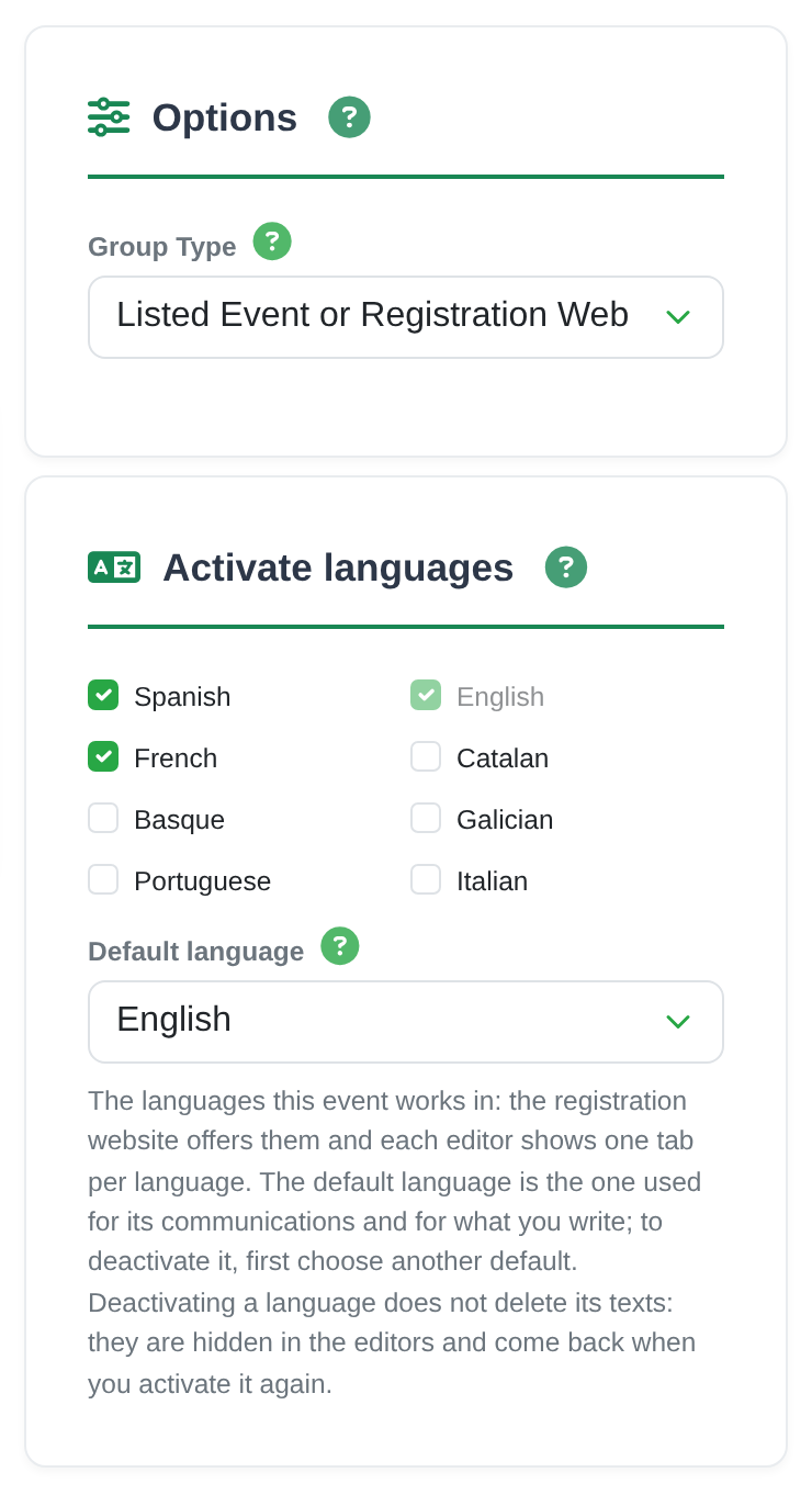 The Activate languages section in Create Group, with English fixed as the default language and Spanish and French ticked