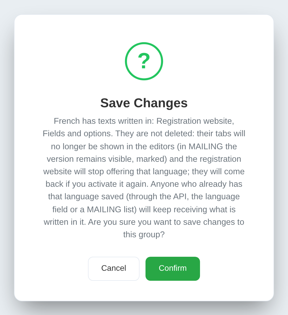 The Save Changes confirmation, repeating the warning before saving