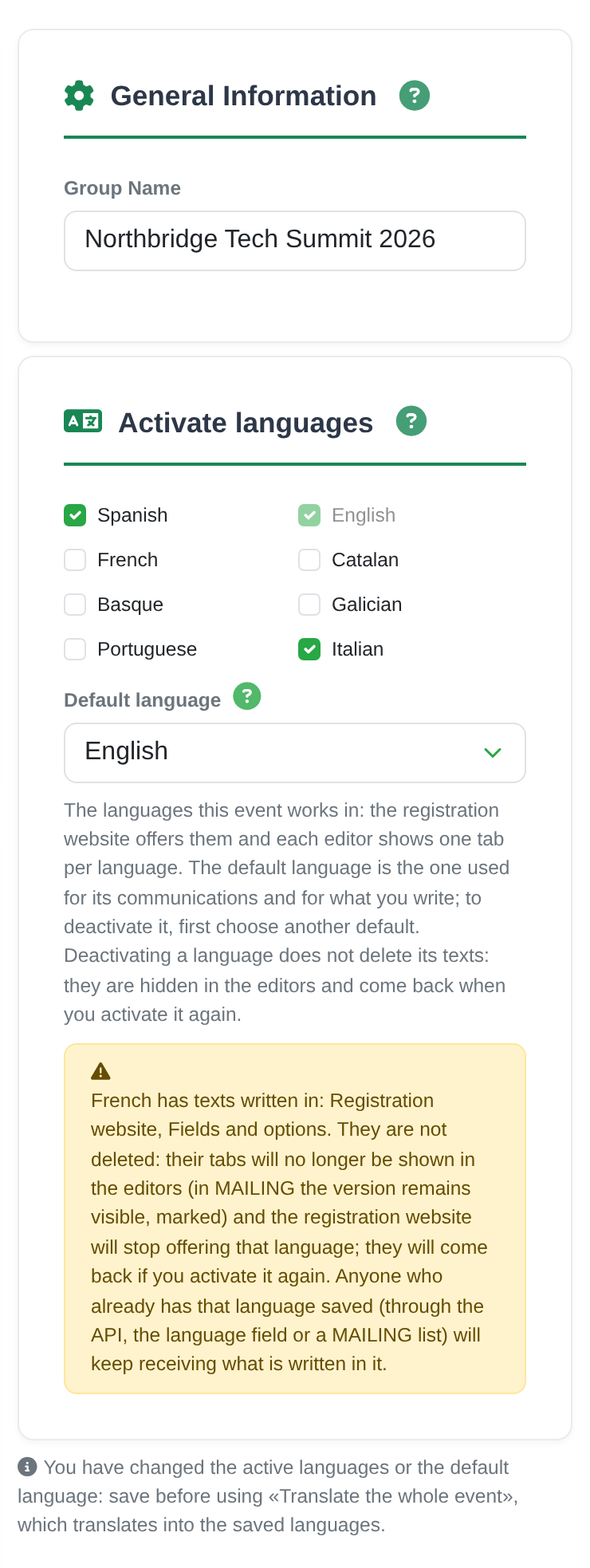 Edit Group with French unticked and the warning that it has texts written in Registration website and in Fields and options