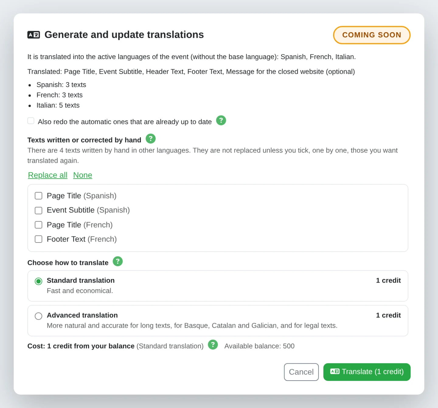 The Generate and update translations dialog with a Coming soon label: target languages, texts written by hand that aren't replaced, and the two options at 1 credit each