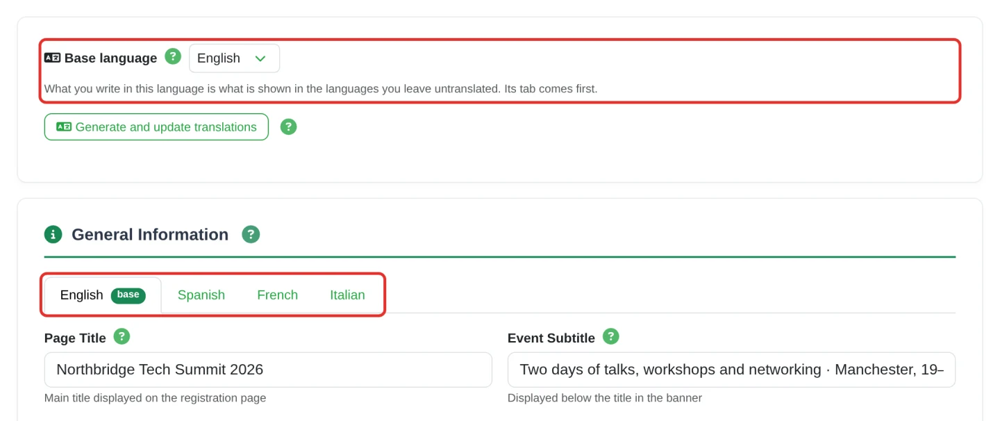 Website editor: the Base language selector set to English and the tabs English (base), Spanish, French and Italian