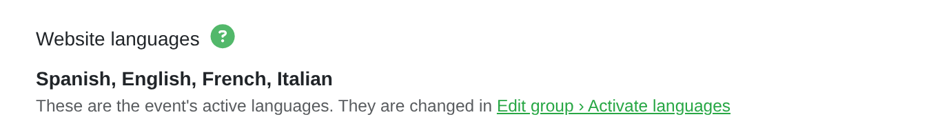 The Website languages block in the website editor: Spanish, English, French and Italian, with the link to Edit group › Activate languages
