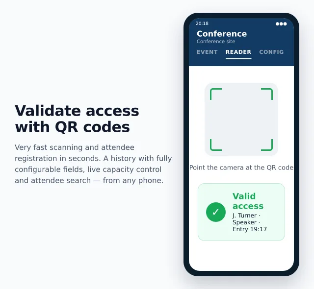QRACCESS mobile app validating attendees with QR codes