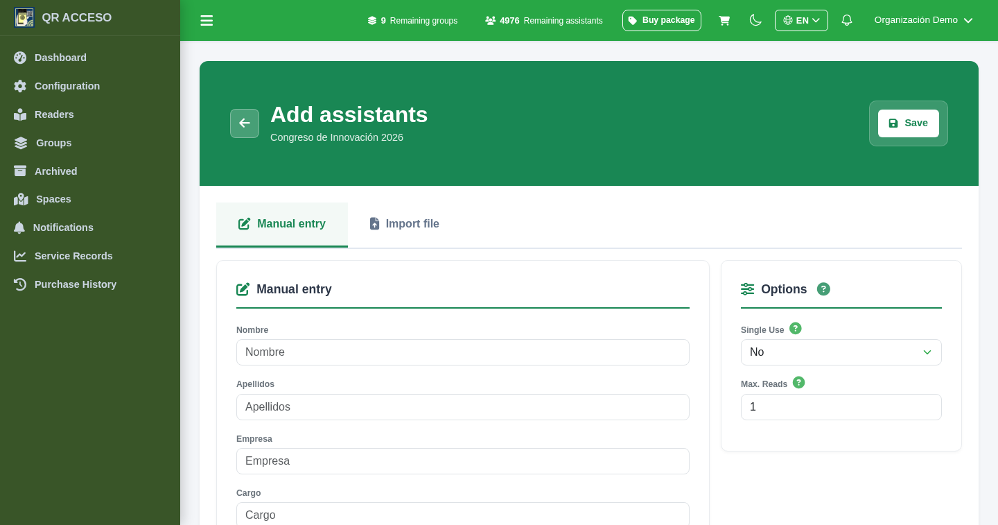 Screen for adding and importing assistants in QRACCESS
