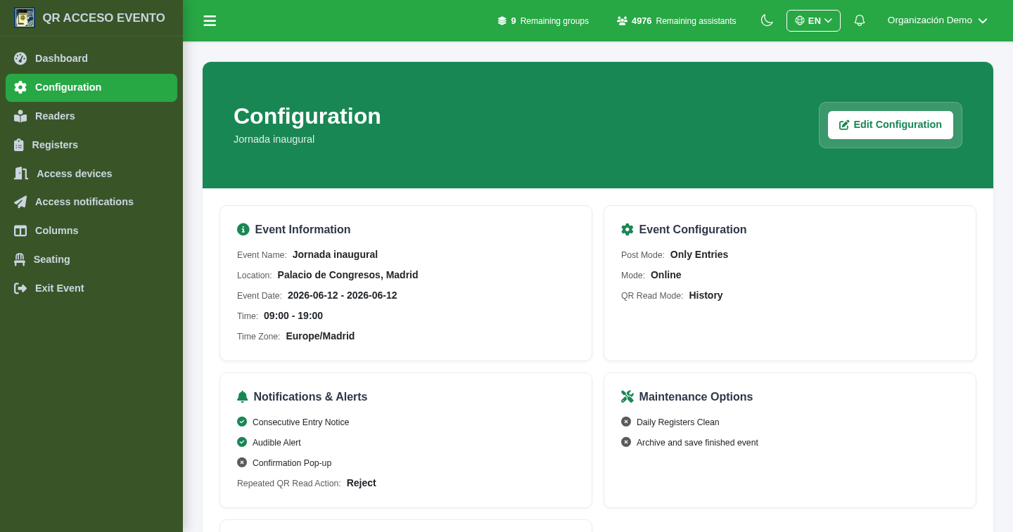 Configuration of an event in QRACCESS: registration mode, time zone and alerts