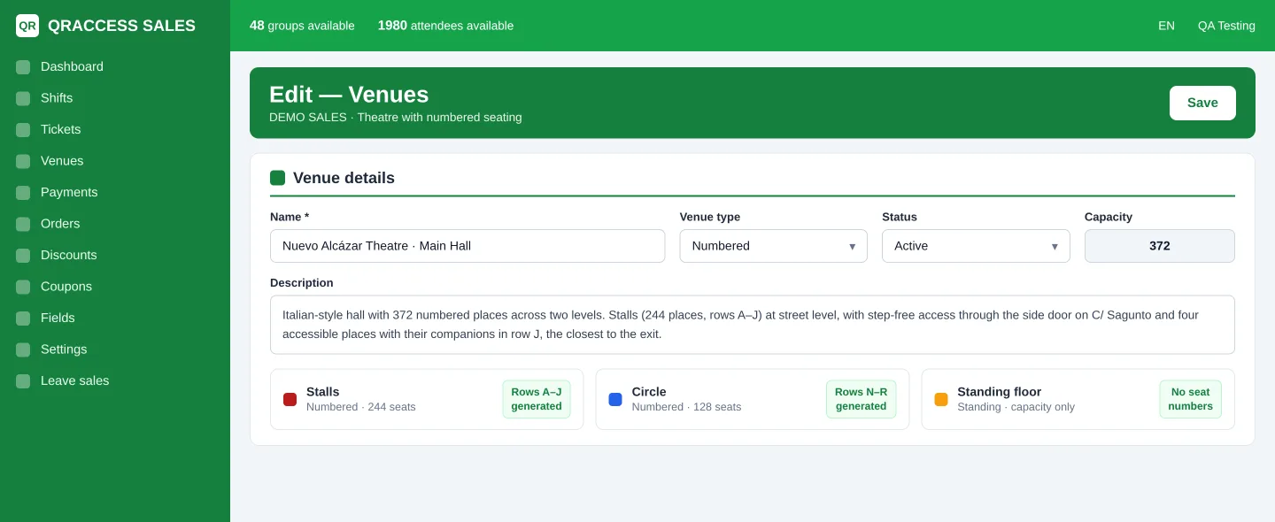 QRACCESS venue editor: zones, numbered or standing type, capacity, per-zone colour and row/seat generation