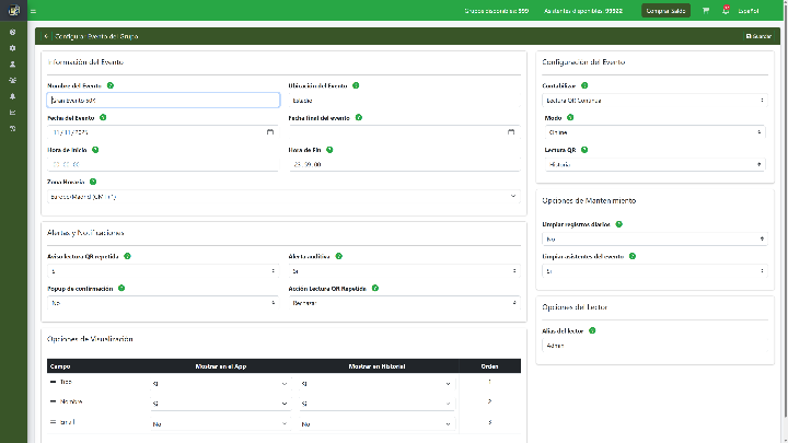 Panel web de administración de eventos - configuración completa del funcionamiento desde el panel